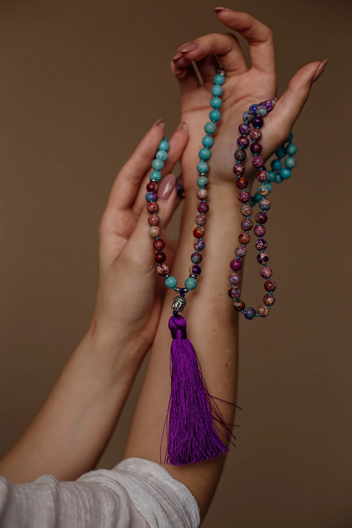 Collar Japa Mala 108 cuentas con turquesa, jaspe imperial y cara de buda