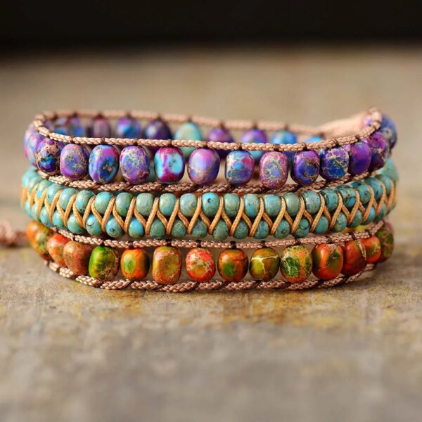 Pulsera vegana de los tres cielos con piedras de jaspe y semillas