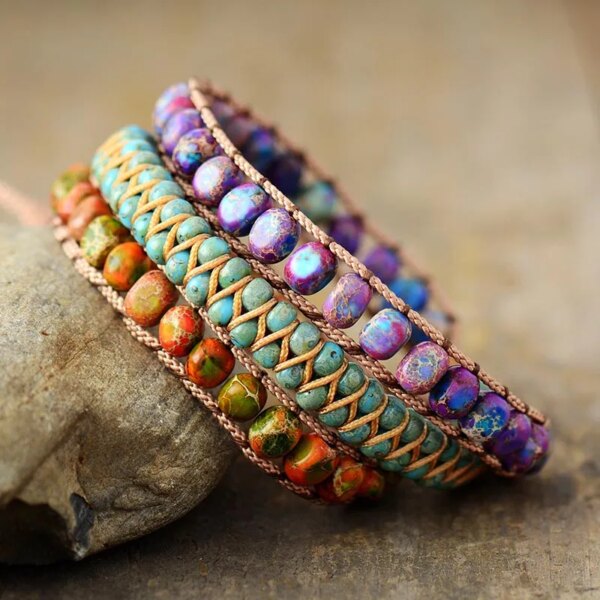 Pulsera vegana de los tres cielos con piedras de jaspe y semillas