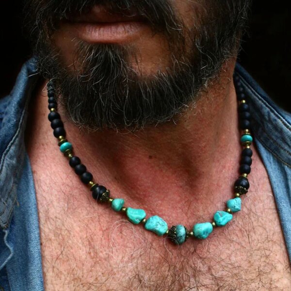 Collar bohemio para hombre con piedras naturales de turquesa en bruto