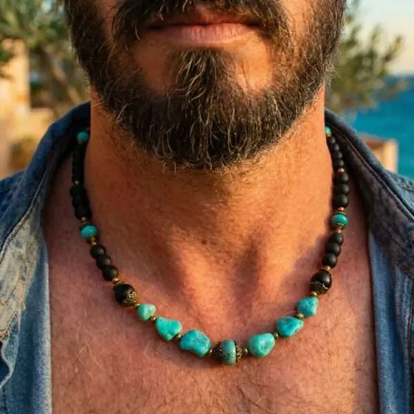 Collar bohemio para hombre con piedras naturales de turquesa en bruto