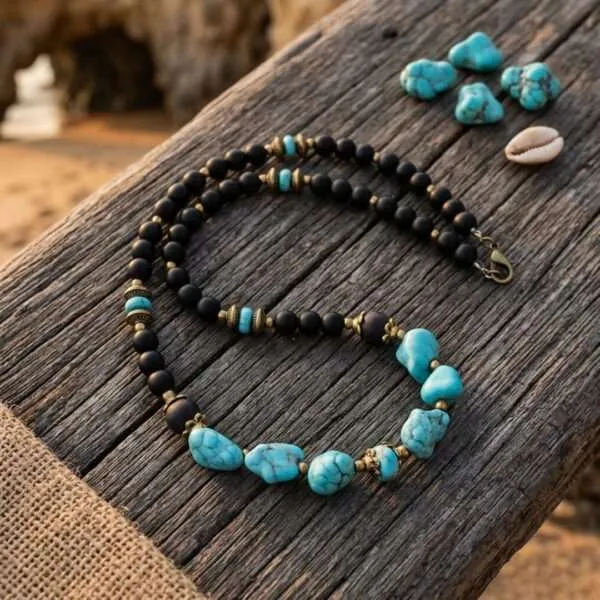 Collar bohemio para hombre con piedras naturales de turquesa en bruto