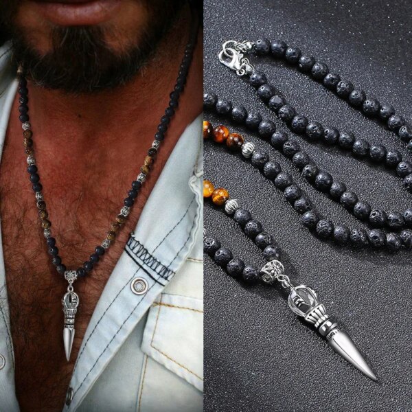 Collar para hombre con phurba de acero inoxidable y cuentas de ojo de tigre