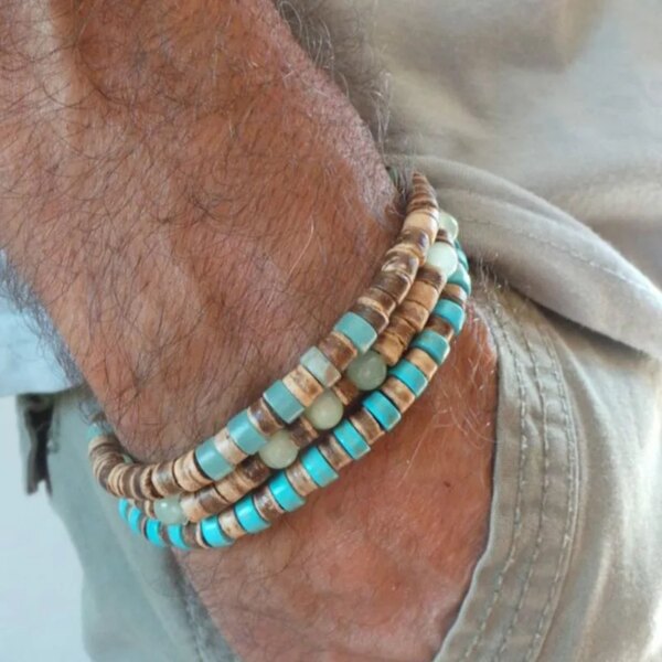 Conjunto de 3 pulseras bohemias para hombre de madera y jaspe