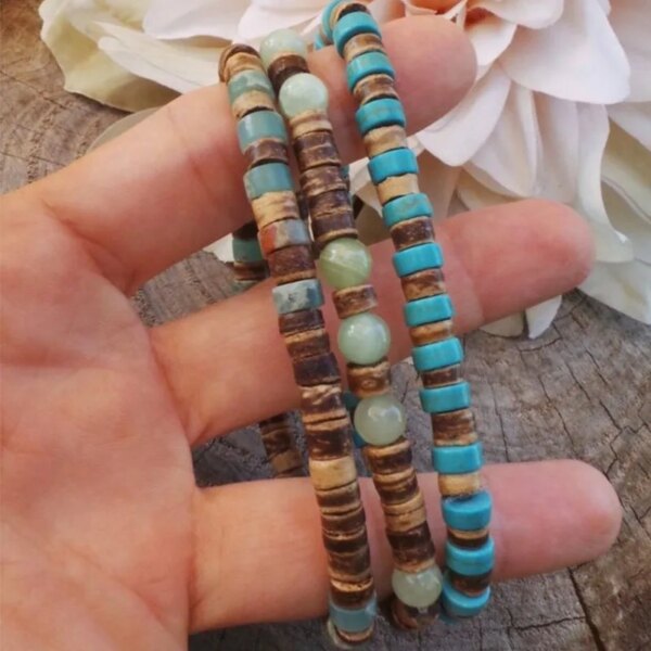 Conjunto de 3 pulseras bohemias para hombre de madera y jaspe