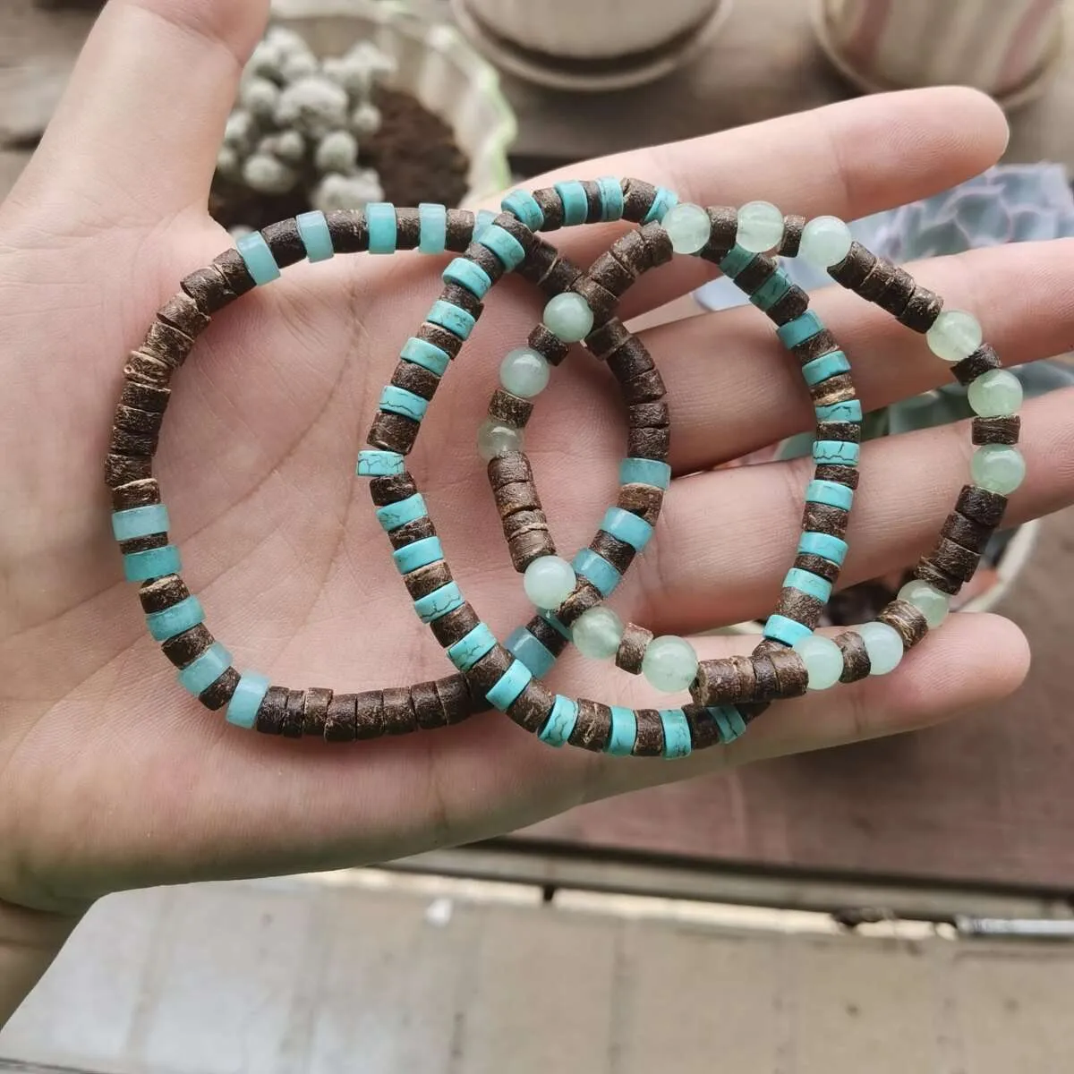 Conjunto de 3 pulseras bohemias para hombre de madera y jaspe