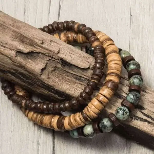 Conjunto de 3 pulseras bohemias para hombre de madera y jaspe