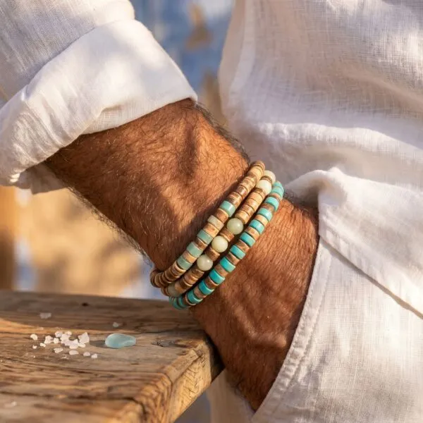 Conjunto de 3 pulseras bohemias para hombre de madera y jaspe