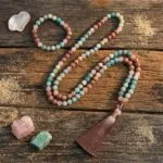 Conjunto Japa Mala de Cuarzo Rosa, Rodonita y Amazonita (Collar + Pulsera)