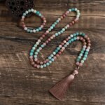 Conjunto Japa Mala 108 con amazonita, cuarzo cristal, cuarzo rosa y rodonita