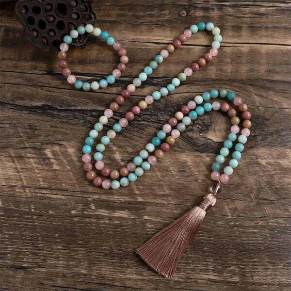 Conjunto Japa Mala 108 con amazonita, cuarzo cristal, cuarzo rosa y rodonita