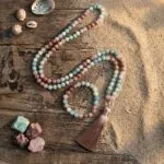 Conjunto Japa Mala de Cuarzo Rosa, Rodonita y Amazonita (Collar + Pulsera)