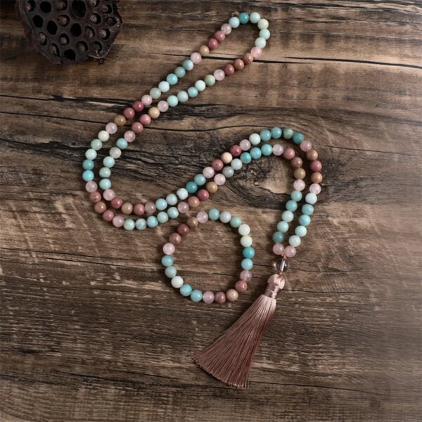 Conjunto Japa Mala 108 con amazonita, cuarzo cristal, cuarzo rosa y rodonita