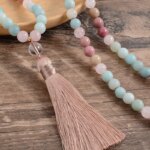 Conjunto Japa Mala 108 con amazonita, cuarzo cristal, cuarzo rosa y rodonita