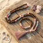 Conjunto Japa Mala 108 con ojo de tigre, aguamarina, cuarzo rosa y rodonita