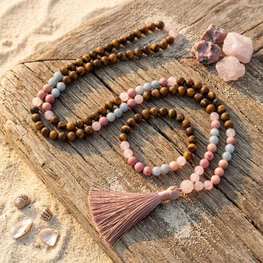 Conjunto Japa Mala 108 con ojo de tigre, aguamarina, cuarzo rosa y rodonita Conjunto Japa Mala 108 con ojo de tigre, aguamarina, cuarzo rosa y rodonita