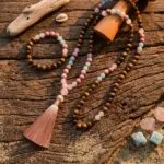 Conjunto Japa Mala 108 con ojo de tigre, aguamarina, cuarzo rosa y rodonita