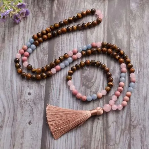 Conjunto Japa Mala 108 con ojo de tigre, aguamarina, cuarzo rosa y rodonita