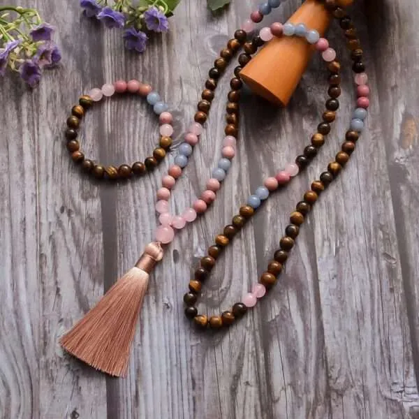 Conjunto Japa Mala 108 con ojo de tigre, aguamarina, cuarzo rosa y rodonita
