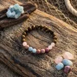 Conjunto Japa Mala 108 con ojo de tigre, aguamarina, cuarzo rosa y rodonita