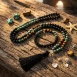 Conjunto Japa Mala 108 con ojo de tigre, turquesa africana, ónix negro y cuarzo