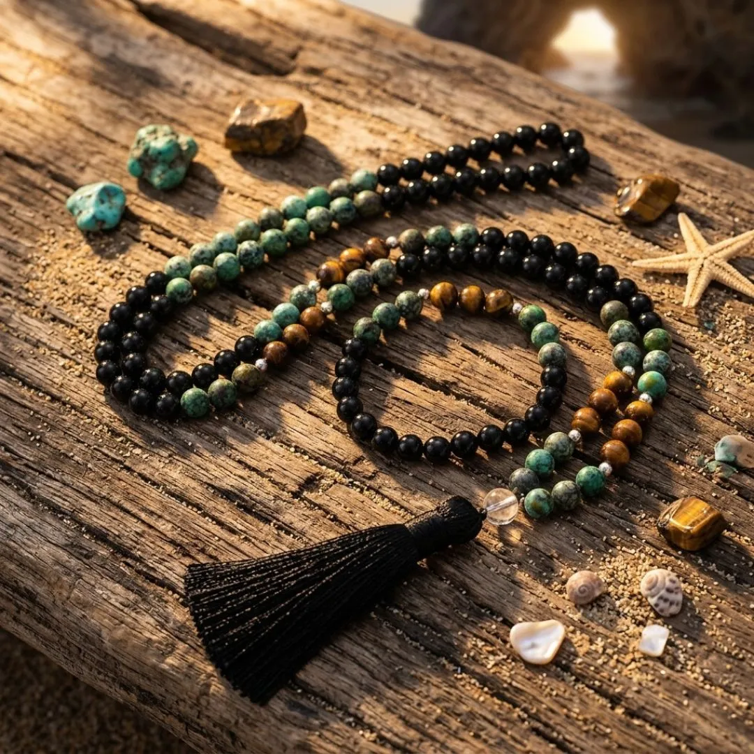 Conjunto Japa Mala 108 con ojo de tigre, turquesa africana, ónix negro y cuarzo Conjunto Japa Mala 108 con ojo de tigre, turquesa africana, ónix negro y cuarzo