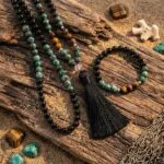 Conjunto Japa Mala 108 con ojo de tigre, turquesa africana, ónix negro y cuarzo