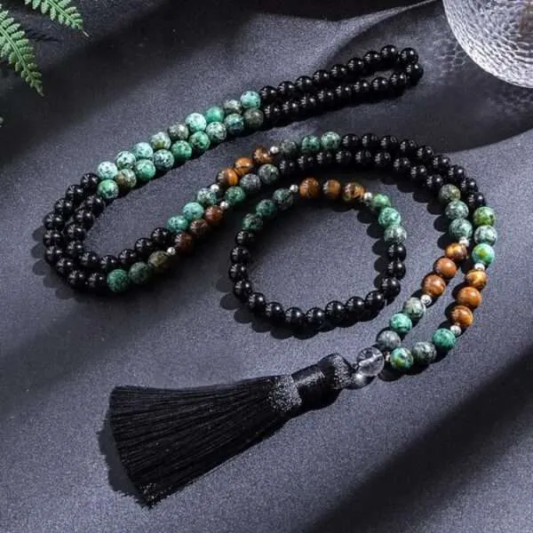 Conjunto Japa Mala 108 con ojo de tigre, turquesa africana, ónix negro y cuarzo
