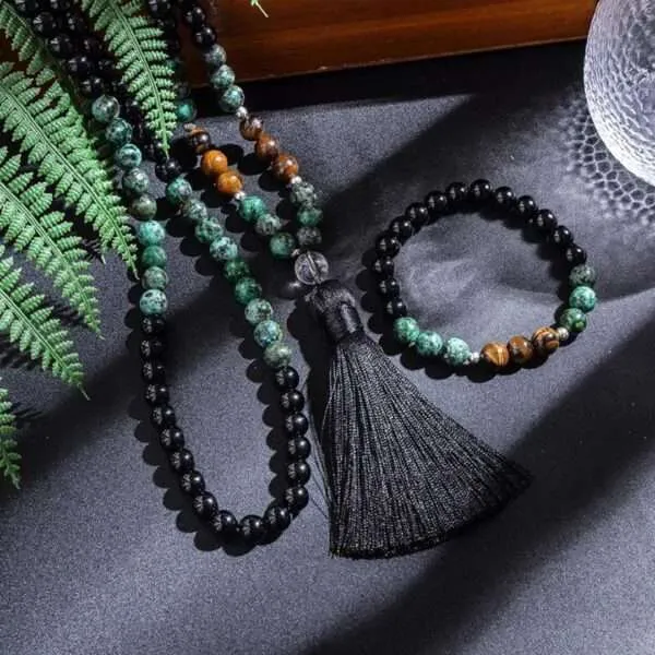Conjunto Japa Mala 108 con ojo de tigre, turquesa africana, ónix negro y cuarzo