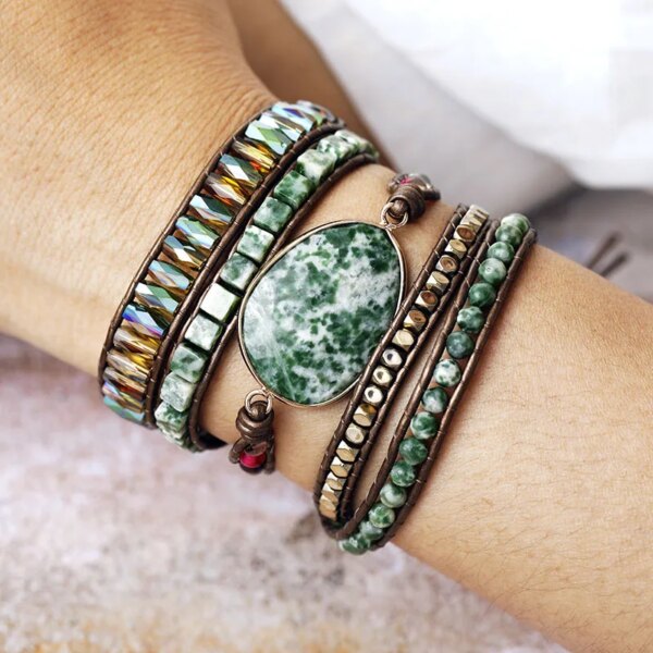 Pulsera boho de la quietud del ruido mental con jaspe de punto verde