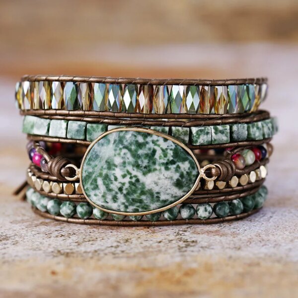 Pulsera boho de la quietud del ruido mental con jaspe de punto verde