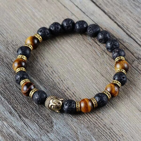 Pulsera unisex tibetana cabeza de buda con piedras volcánicas y ojo de tigre