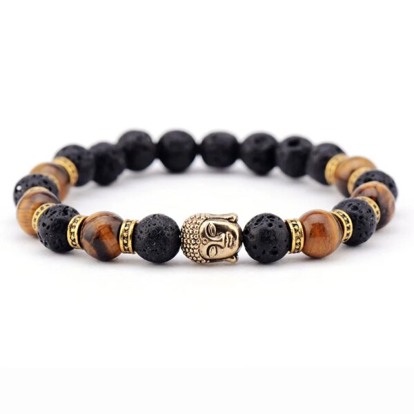 Pulsera unisex tibetana cabeza de buda con piedras volcánicas y ojo de tigre