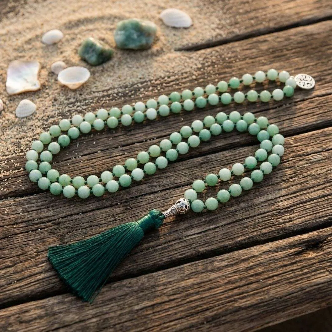 Collar Japa Mala 108 cuentas con piedras de Jade Birmano y Árbol de la Vida Collar Japa Mala 108 cuentas con piedras de Jade Birmano y Árbol de la Vida