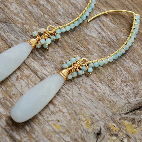Pendientes largos bohemios con piedras de amazonita o cuarzo rosa