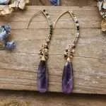 Pendientes largos bohemios con piedras de amazonita o cuarzo rosa
