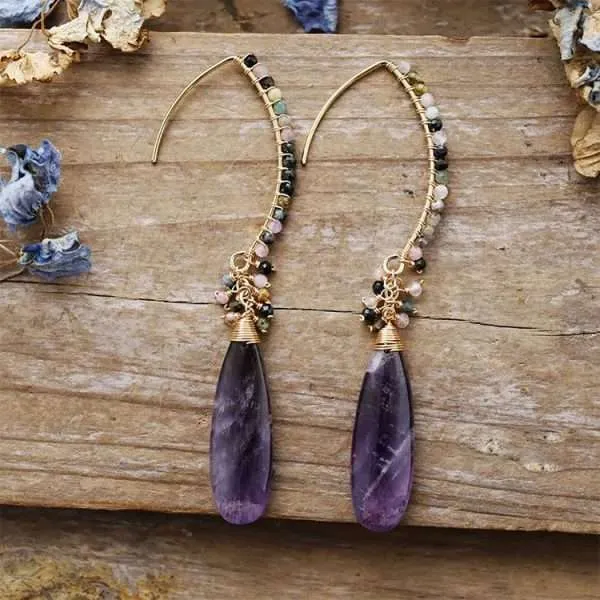 Pendientes largos bohemios con piedras de amazonita o cuarzo rosa