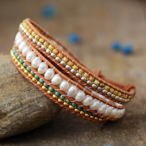 Pulsera japonesa «Ukiyo» con semillas Miyuki y perlas de agua dulce