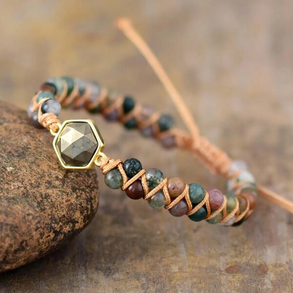 Pulsera boho de la abundancia con piedras de ágata de la India y pirita
