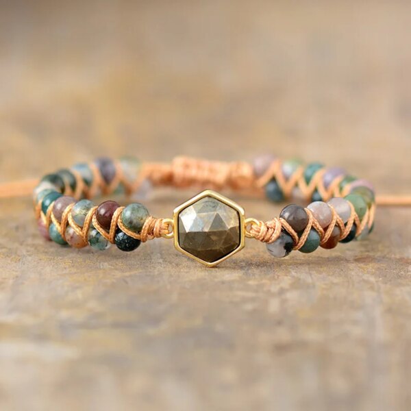 Pulsera boho de la abundancia con piedras de ágata de la India y pirita