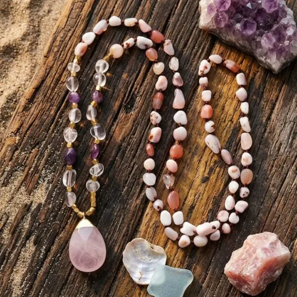 Collar bohemio de las dinámicas positivas con ópalo rosa o amatista