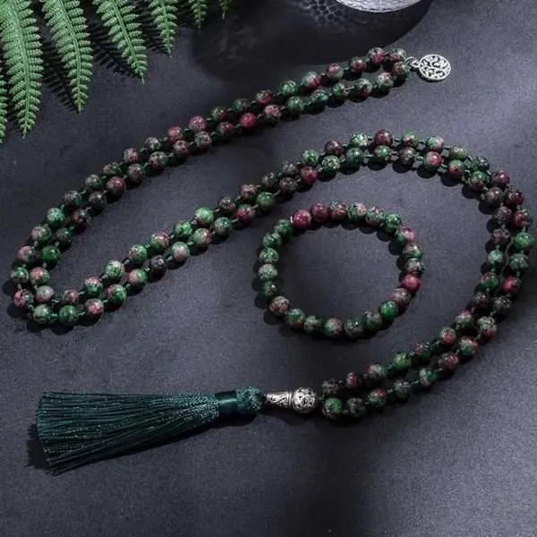 Conjunto Japa Mala budista 108 cuentas con piedras naturales de zoisita