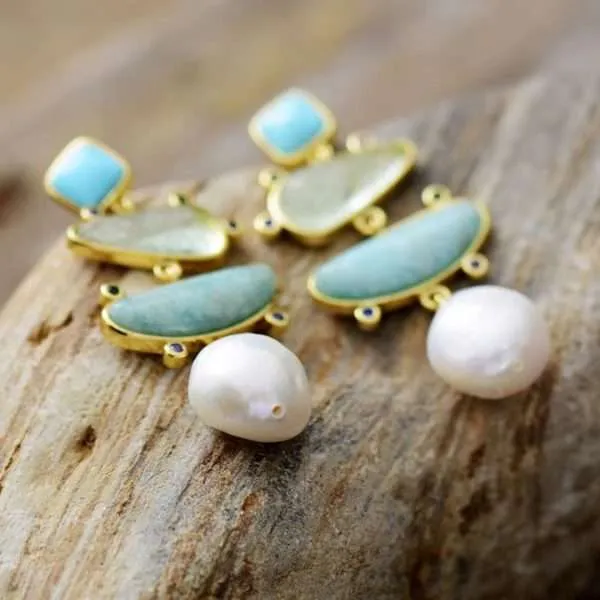 Pendientes gypsy con perlas de agua dulce y piedras naturales