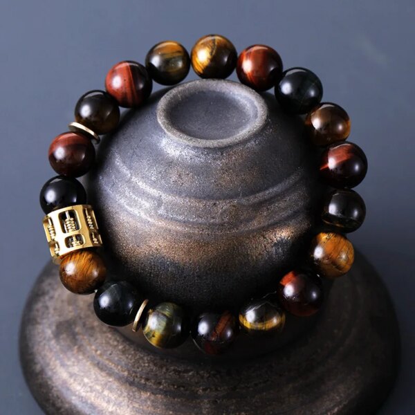 Pulsera budista para hombre con piedras naturales de ónix negro y ojo de tigre