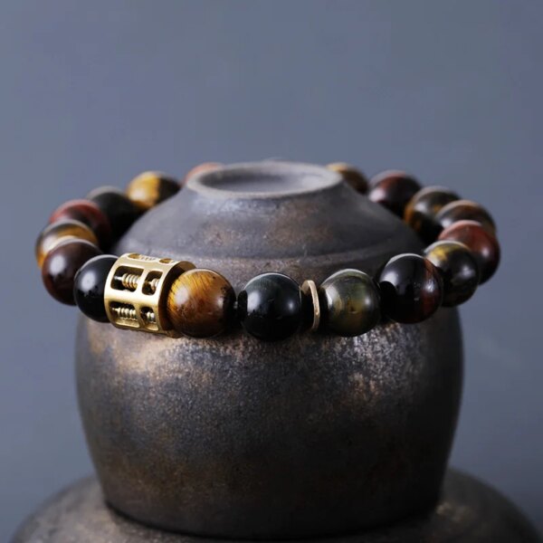 Pulsera budista para hombre con piedras naturales de ónix negro y ojo de tigre