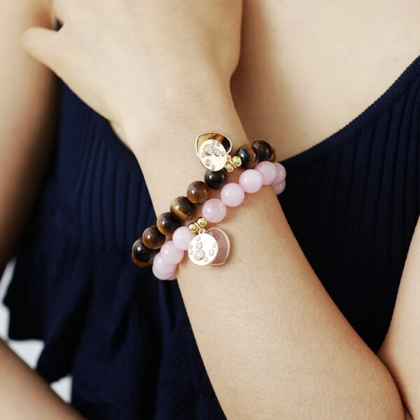 Pulsera hippie chic con piedras de ojo de tigre, cuarzo rosa o cuarzo cristal