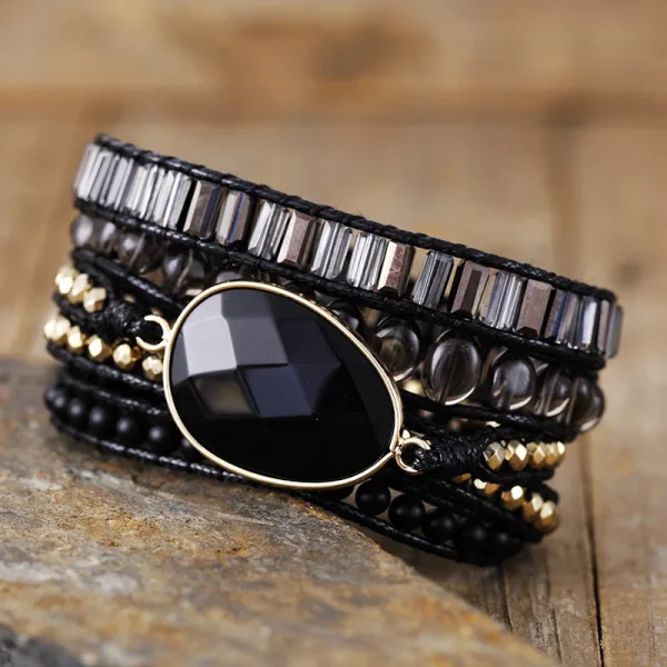 Pulsera unisex de la visión positiva con ónix negro y cuarzo ahumado