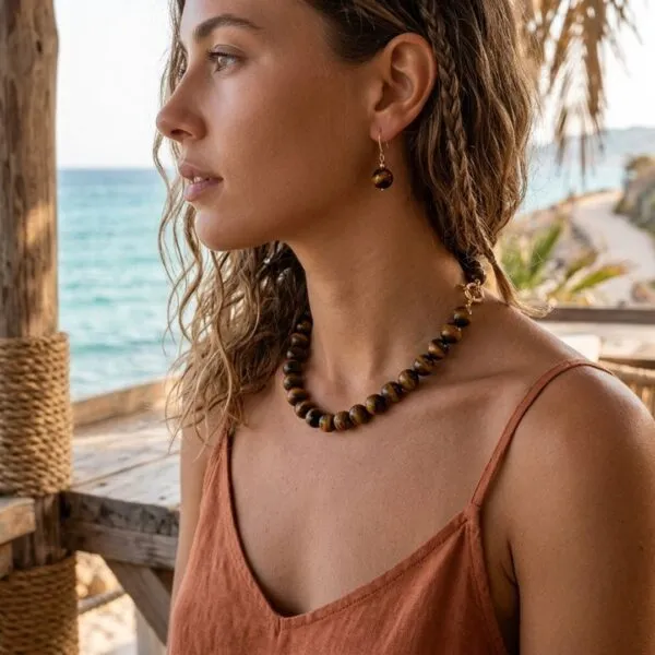 Conjunto espiritual de collar y pendientes con cuentas de piedras naturales