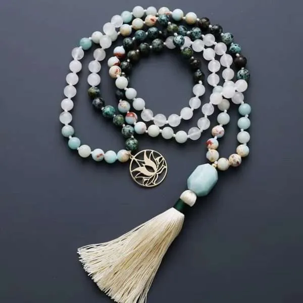Collar Japa Mala 108 con turquesa africana, amazonita, shoushan y cuarzo cristal