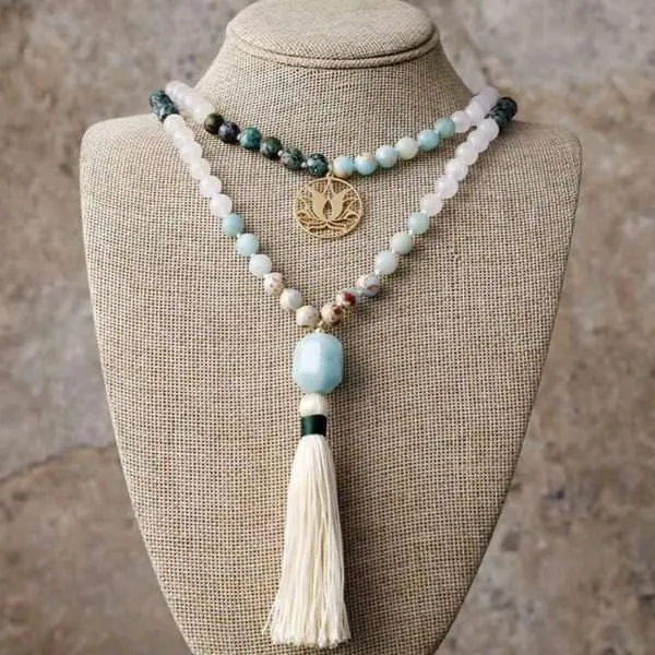 Collar Japa Mala 108 con turquesa africana, amazonita, shoushan y cuarzo cristal